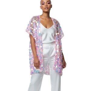 NEW IRIDESCENT Pink SEQUINS Short Sleeve Kimono Duster Jacket Top SIZE OS